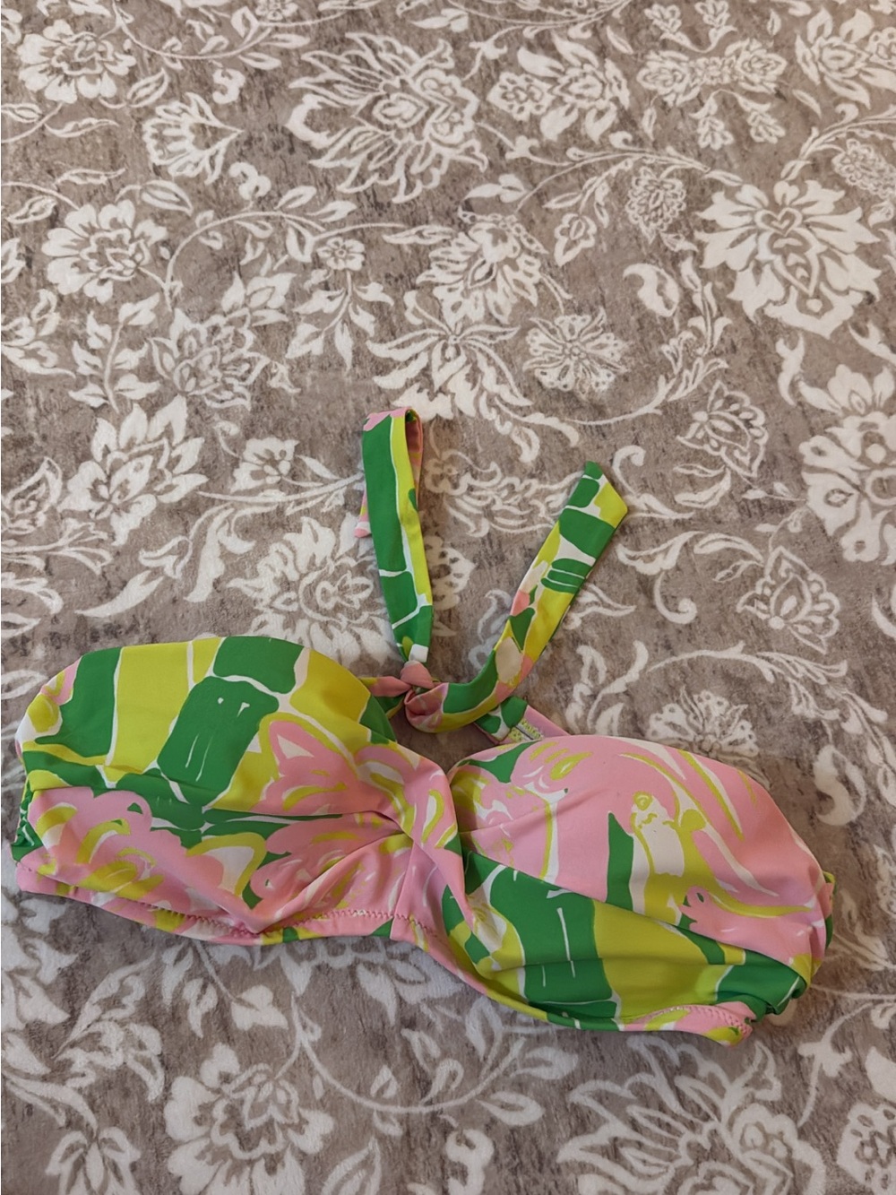 Tropical Print Bandeau Bikini Top in Pink, Green & Yellow